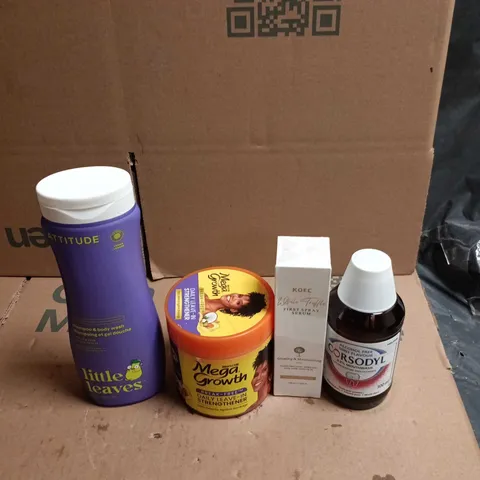 TOTE OF APPROXIMATELY 20 ASSORTED COSMETIC ITEMS TO INCLUDE CORSODYL, KOEC WHITE TRUFFLE SERUM, ATTITUDE LITTLE LEAVES SHAMPOO, MEGA GROWTH DAILY LEAVE IN STRENGTHENER ETC