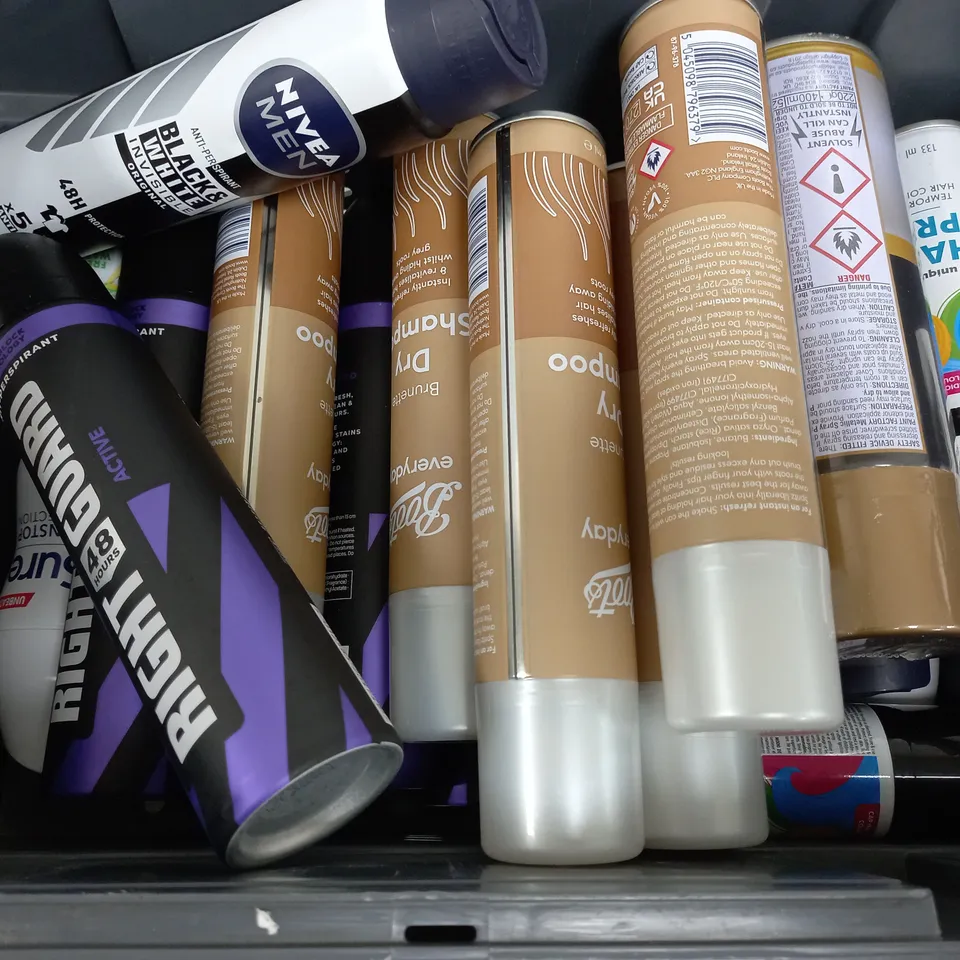 BOX OF APPROX 15 ASSORTED AEROSOLS TO INCLUDE -NIVEA MEN DEODORANT - BOOTS DRY SHAMPOO - SURE ICE FRESH ECT