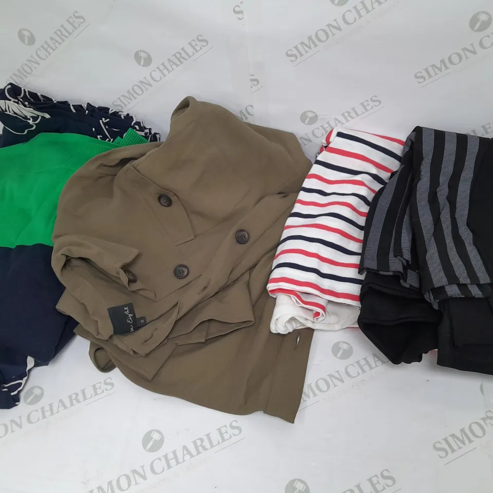 LARGE BOX OF ASSORTED CLOTHING ITEMS TOO INCLUDE TOPS , TROUSERS AND JUMPERS COMING IN DIFFERENT COLOURS AND SIZES 