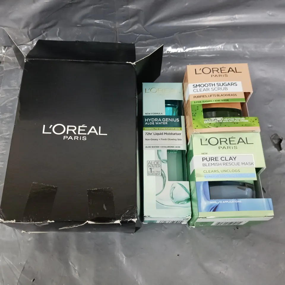 L'OREAL HYDRAGENIUS ALOE WATER, SMOOTH SUGARS CLEAR SCRUB, AND PURE CLAY BLEMSIH RESCUE MASK 