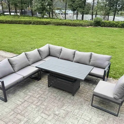 BOXED FIMOUS 7 PIECES ALUMINIUM GARDEN FURNITURE SET WITH CUSHIONS, PATIO FURNITURE SET WITH ADJUSTABLE RISING LIFTING DINING TABLE DARK GREY (2 BOXES)