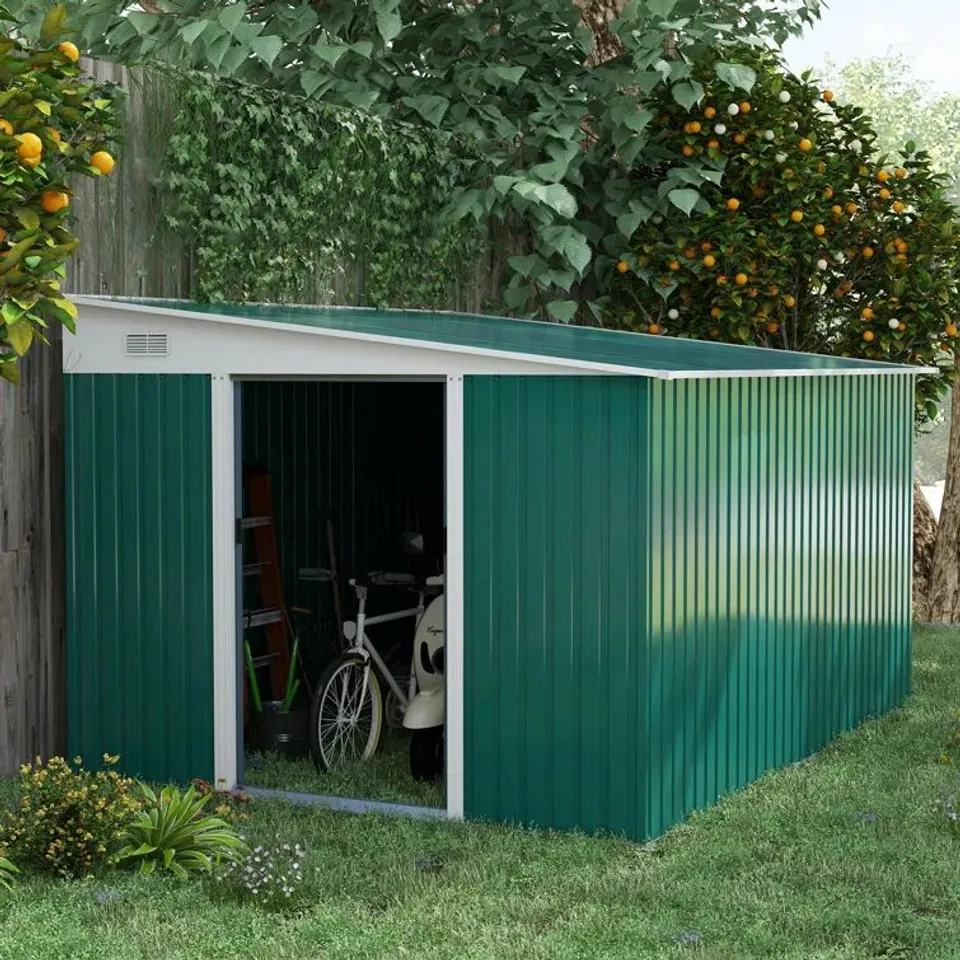 BOXED BUISAN 9FT W X 11FT D GALVANISED STEEL PENT GARDEN SHED (4 BOXES)