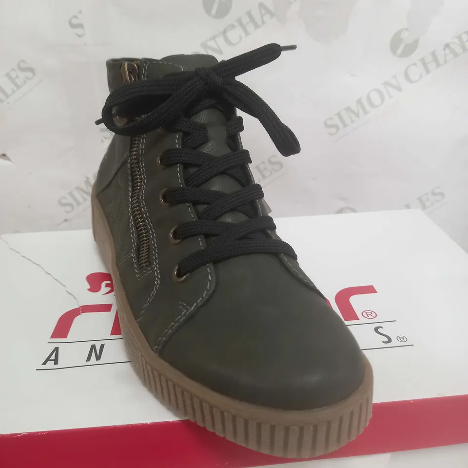 BOXED RIEKER HI TOP CUFFED TRAINERS, KHAKI - SIZE 5