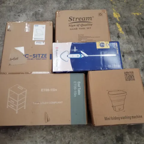 PALLET CONTAINING ASSORTED PRODUCTS INCLUDING HAND TOOL SET, RUSSELL HOBBS STEAM MOP, MINI FOLDING WASHING MACHINE, TOILET SEAT & END TABLE