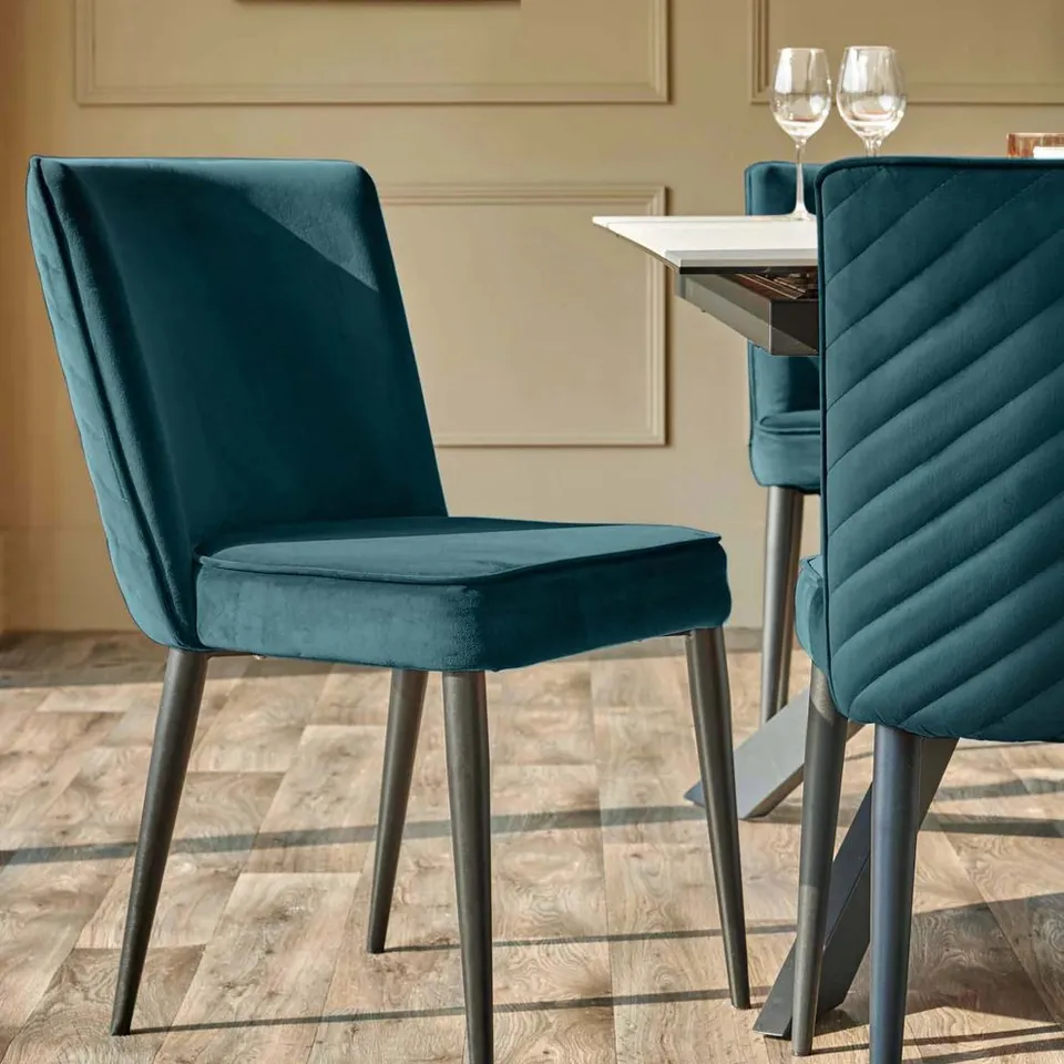 BOXED PAIR OF DANETTI SERENA DARK TEAL VELVET DINING CHAIRS