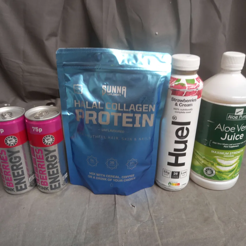 APPROXIMATELY 5 ASSORTED FOOD AND DRINK ITEMS TO INCLUDE ENERGY DRINKS, PROTEIN AND ALOE VERA - COLLECTION ONLY