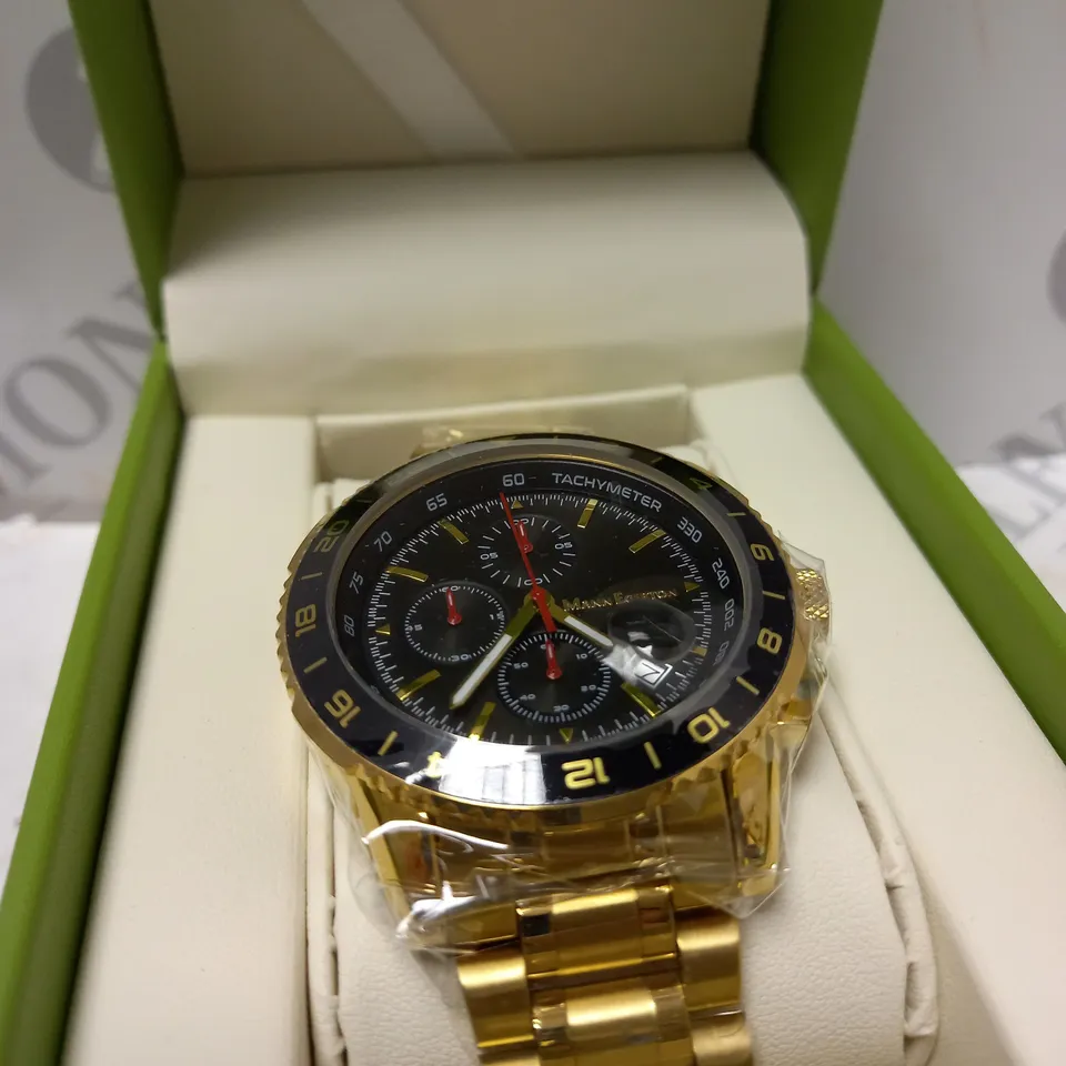 BOXED MANN EGERTON ENGINEER GOLD WATCH WITH BLACK DIAL