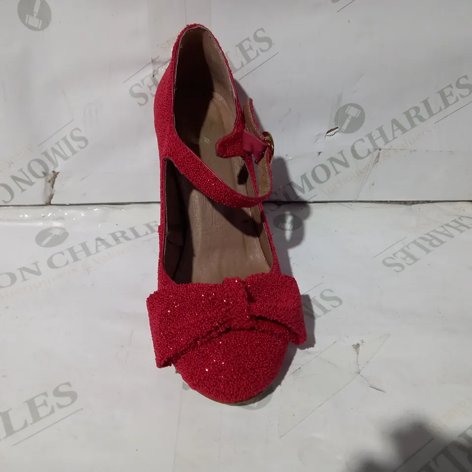 BOXED PAIR OF RED OR DEAD HEELS IN RED WITH GLITTER EFFECT UK SIZE 5