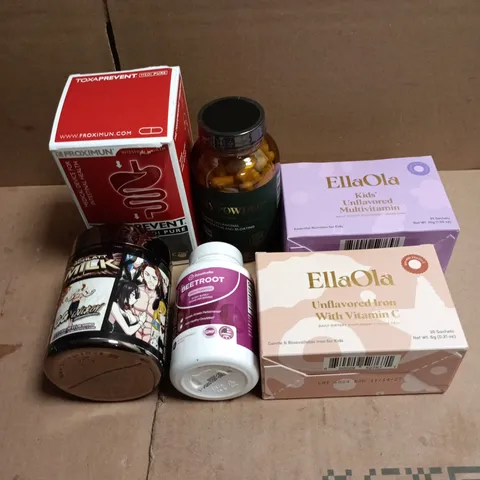 TOTE OF APPROXIMATELY 25 ASSORTED VITAMIN/SUPPLEMENT RELATED ITEMS TO INCLUDE ELLA OLA VITAMINS, BEETROOT SUPPLEMENT, OXY POWDER DIGESTIVE CLEANSE, GG ENERGY SUPPLEMENT ETC