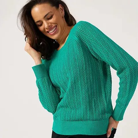 RUTH LANGSFORD POINTELLE COTTON RICH JUMPER GREEN 2XL