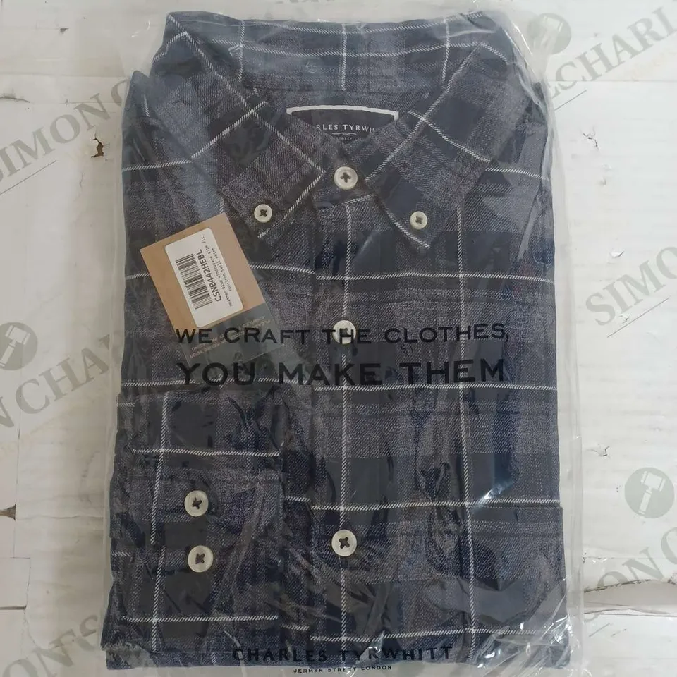 SEALED CHARLES TYRWHITT HEATHER BLUE WINDOWPANE SLIM FIT TWILL SHIRT - LARGE