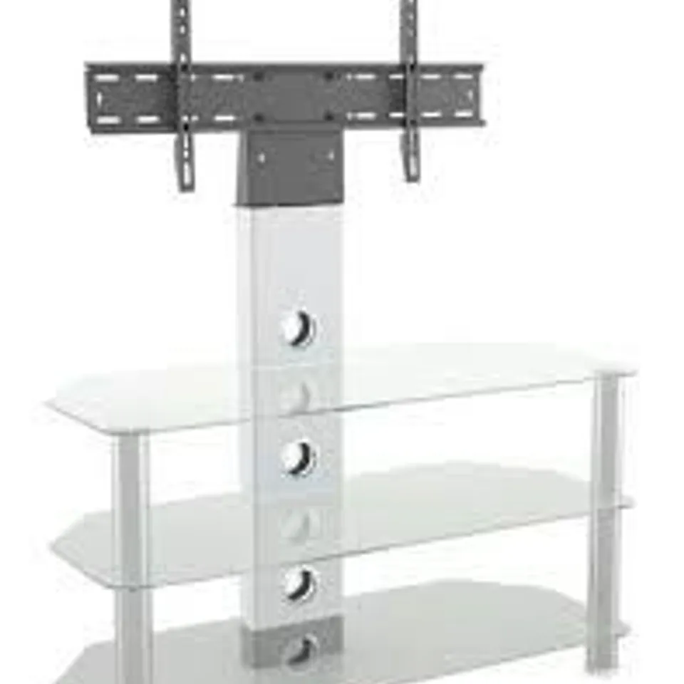BOXED CLEAR GLASS AND CHROME TUBE 90CM TV STAND