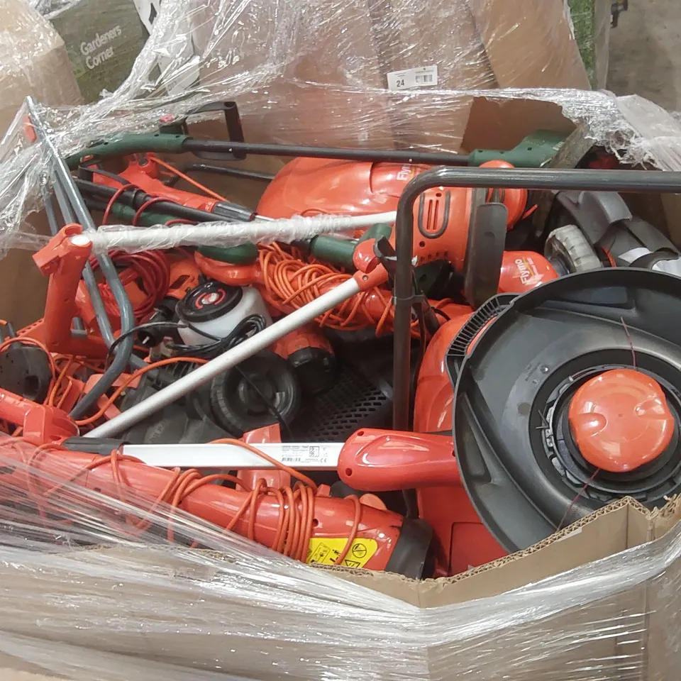 PALLET CONTAINING A LARGE QUANTITY OF ASSORTED UNCHECKED LAWN MOWERS, GARDEN TRIMMERS ECT