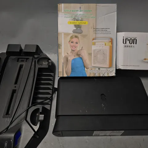 BOX OF APPROXIMATELY 8 ASSORTED ITEMS TO INCLUDE - PORTABLE ELECTRIC IRON , AIR COOLER , EE HUB ETC