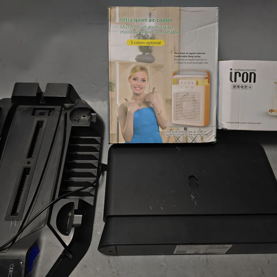 BOX OF APPROXIMATELY 8 ASSORTED ITEMS TO INCLUDE - PORTABLE ELECTRIC IRON , AIR COOLER , EE HUB ETC