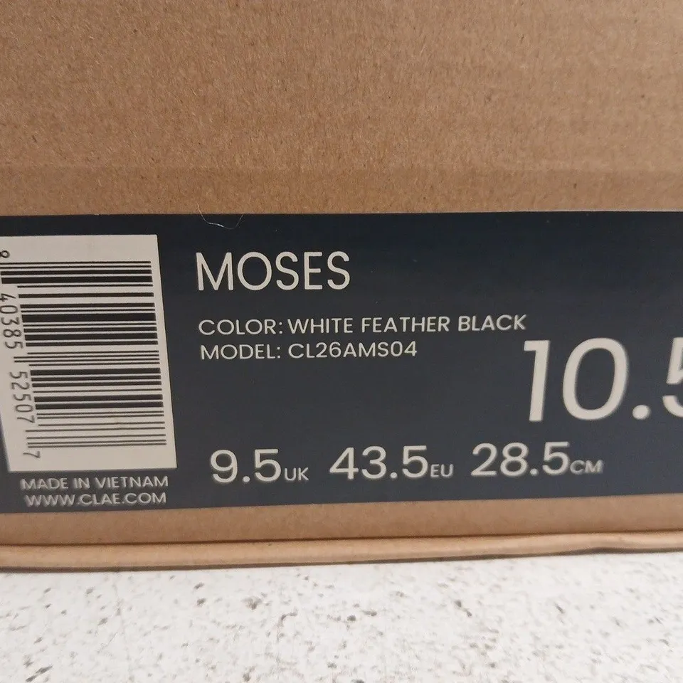BOXED PAIR OF CLAE MOSES WHITE FEATHER SNEAKERS – UK 9.5