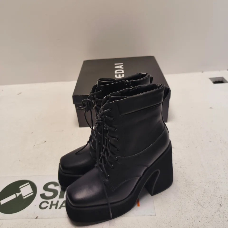 SEDAI BLACK PU LEATHER-LOOK LACE-UP BOOTS, UK 4 (EU 37) – CHUNKY PLATFORM HEEL