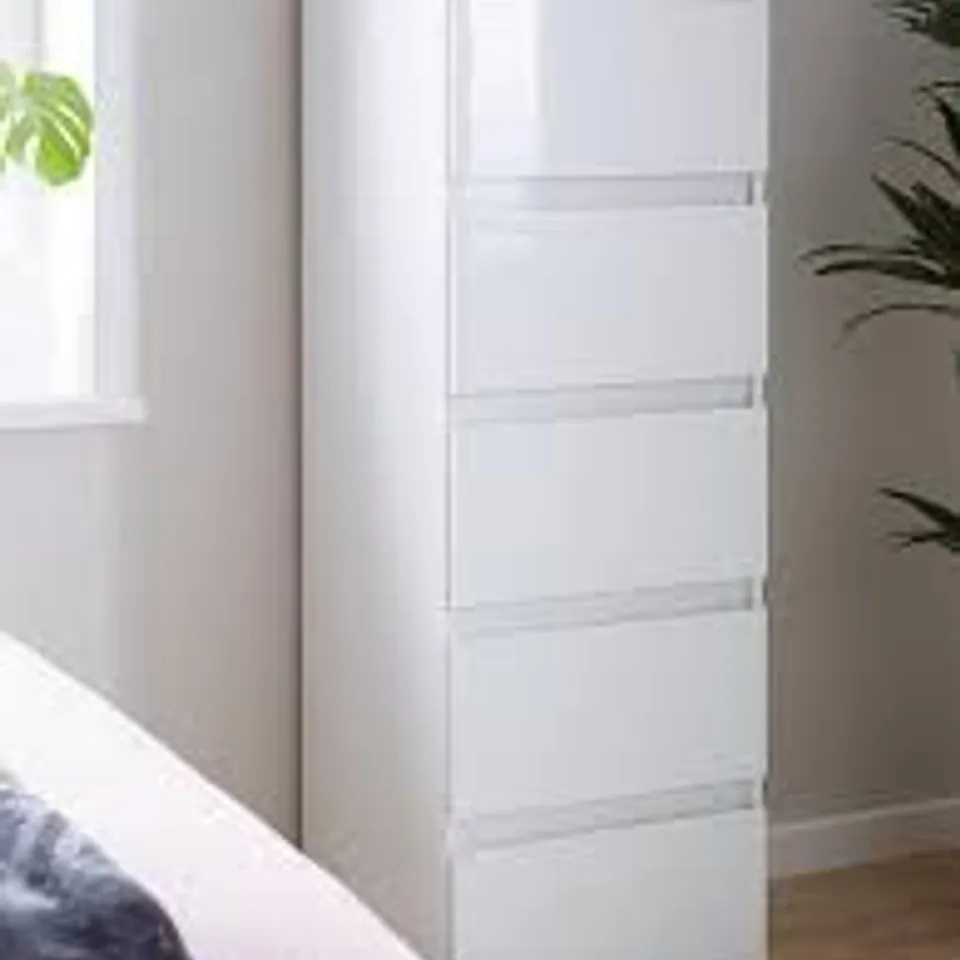 BOXED 5 DRAWER NARROW CHEST - WHITE GLOSS - COLLECTION ONLY