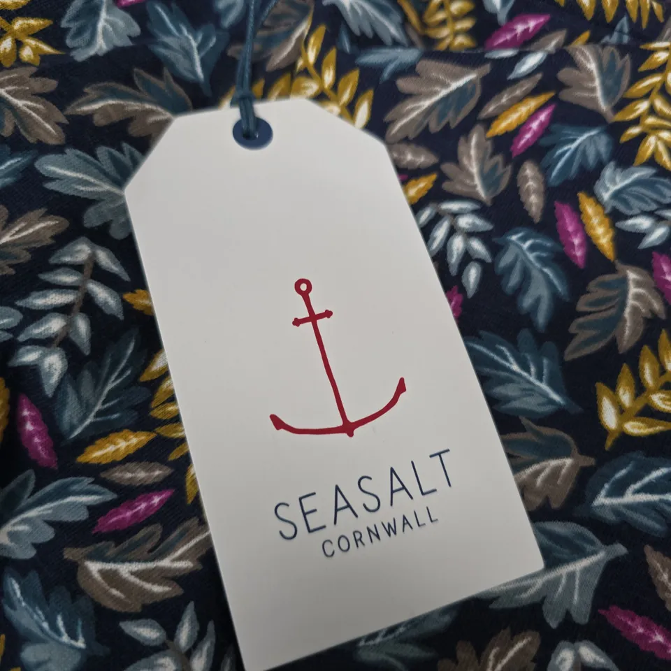 SEA SALT CORNWALL DRESS – NAVY LEAF PRINT, PETITE UK 12 (US 8, EUR 40), ORGANIC COTTON