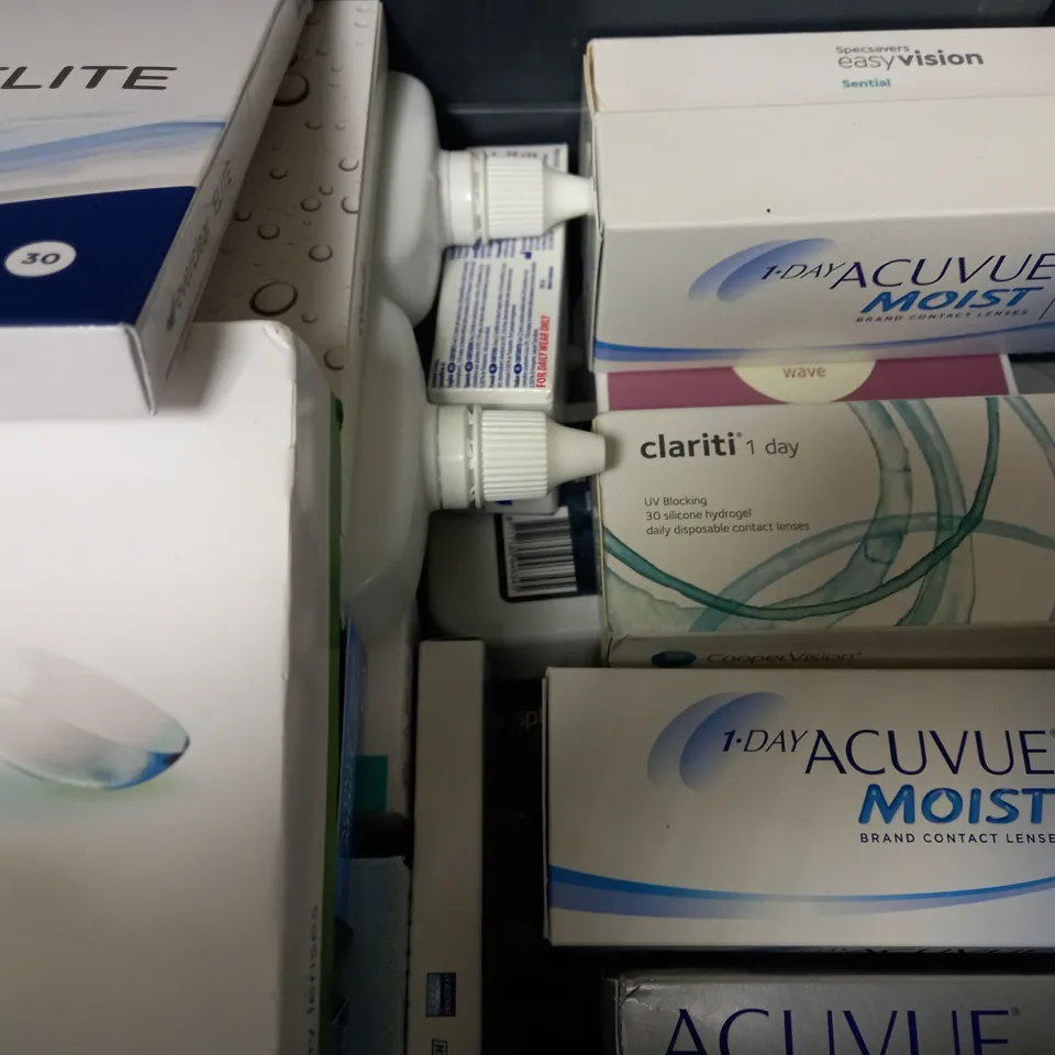 BOX OF APPROX 25 ASSORTED CONTACT LENSES AND CONTACT LENSE SOLUTIONS