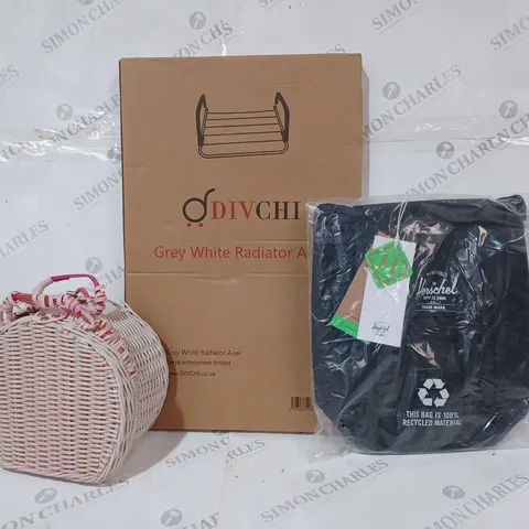 BOX OF APPROXIMATELY 10 ASSORTED HOUSEHOLD ITEMS TO INCLUDE GREY WHITE RADIATOR AIRER, HERSCHEL BAG, ETC