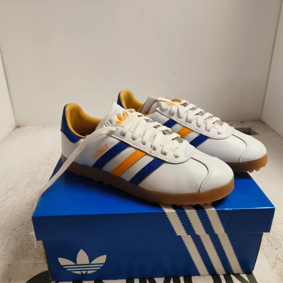 ADIDAS GAZELLE GOLF SNEAKERS – WHITE WITH BLUE & ORANGE STRIPES, UK 5