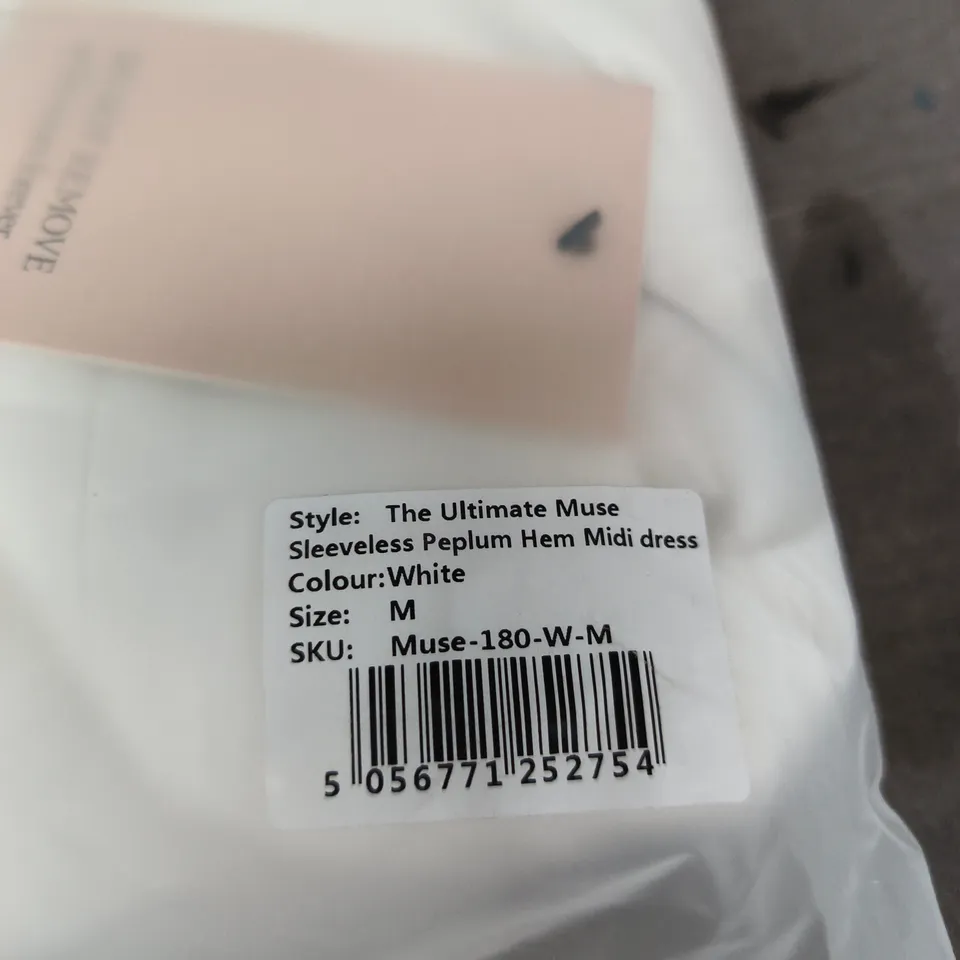 BAGGED ODDMUSE THE ULTIMATE MUSE SLEEVELESS PEPLUM HEM MIDI DRESS – WHITE – SIZE M 