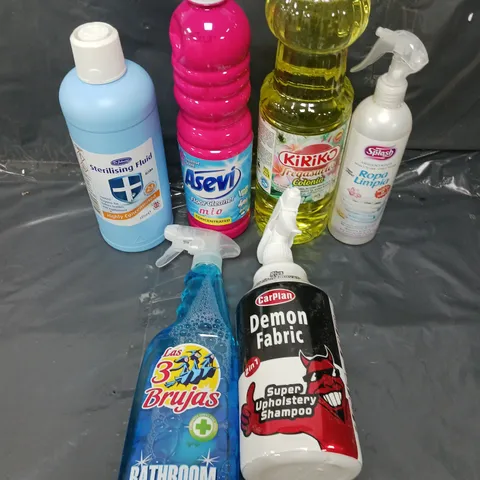 APPROXIMATELY 10 ASSORTED CLEANING PRODUCTS TO INCLUDE FLOOR CLEANER, UPHOLSTERY SHAMPOO, STERILISING FLUID ETC - COLLECTION ONLY 