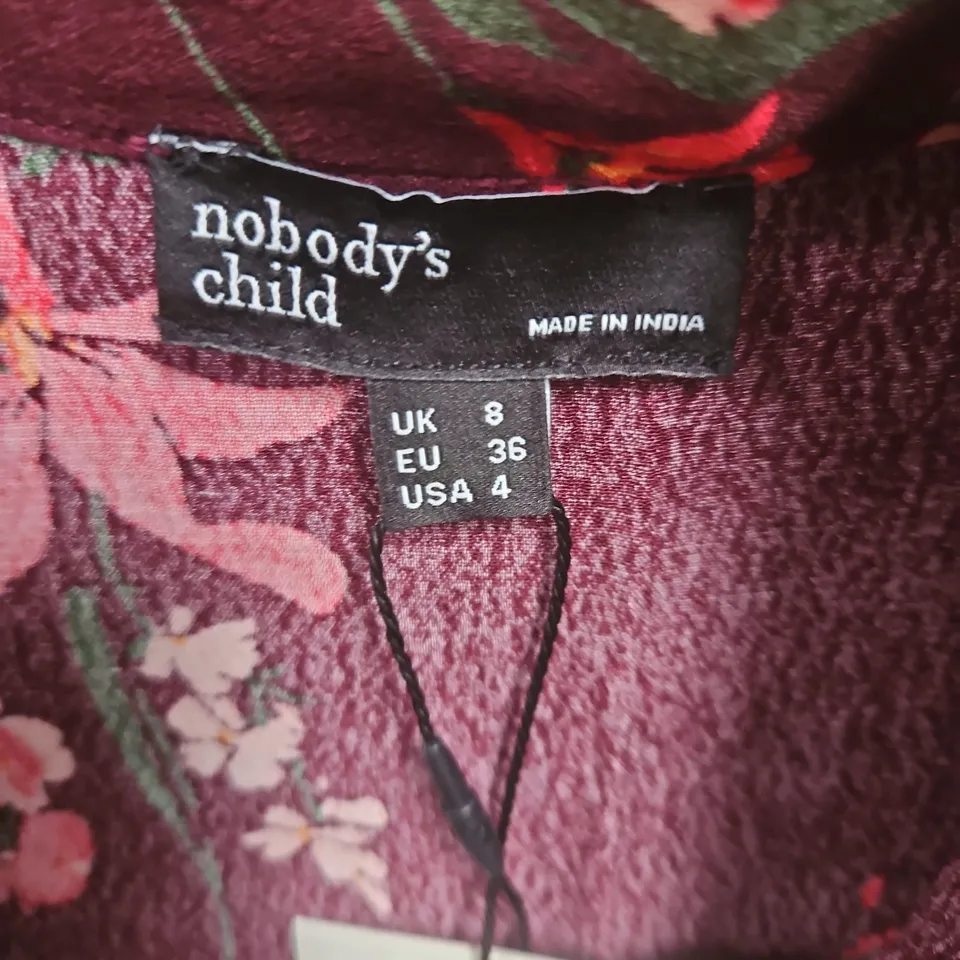 NOBODY'S CHILD FLORAL PRINT DRESS – BURGUNDY, UK 8 (EU 36, US 4) 