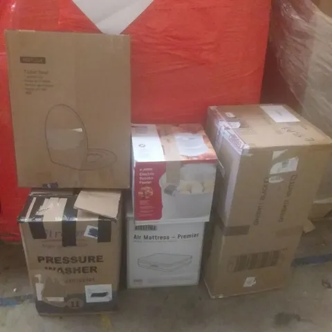 PALLET OF ASSORTED ITEMS INCLUDING PRESSURE WASHER, TOILET SEAT, POTATO PEELER, AIR MATTRESS