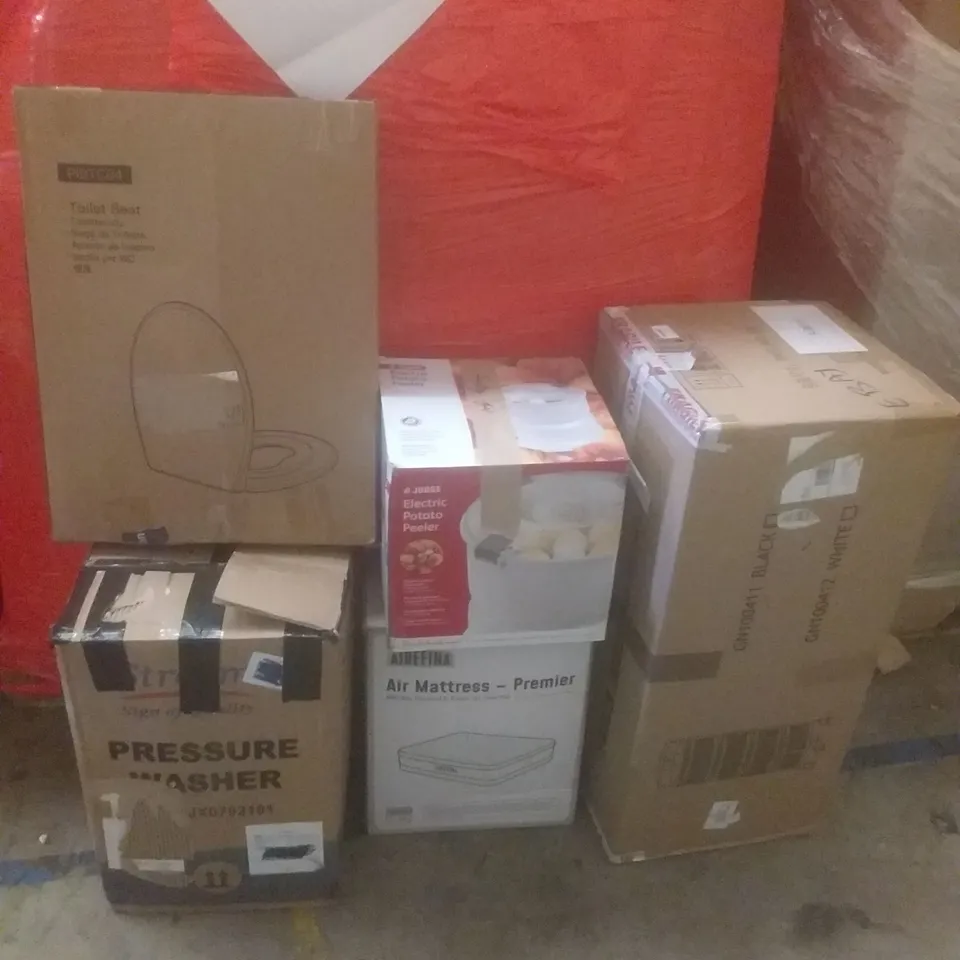 PALLET OF ASSORTED ITEMS INCLUDING PRESSURE WASHER, TOILET SEAT, POTATO PEELER, AIR MATTRESS