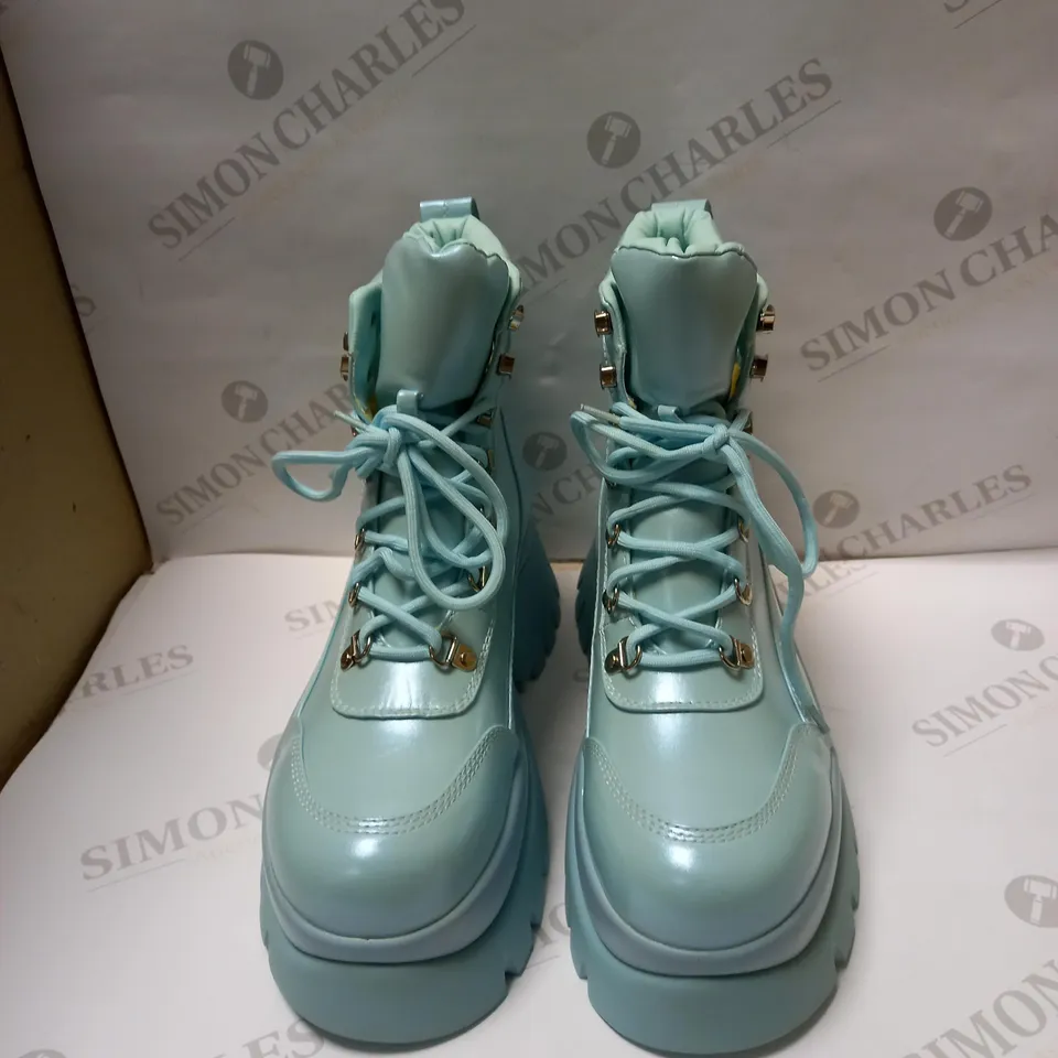 DESIGNER KOI VEGAN GOOEY BABY BLUE PLATFORM BOOTS- SIZE 8
