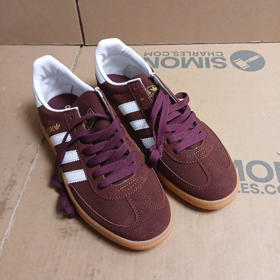 ADIDAS SPEZIAL SNEAKERS – BURGUNDY SUEDE, WHITE 3-STRIPES, GUM SOLE BOXED SIZE 6.5