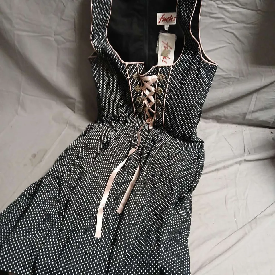 FUCHS TRACHTENMODEN DIRNDL DRESS – BLACK POLKA DOT, PINK TRIM, LACE-UP BODICE, UK 8 (EU 36)