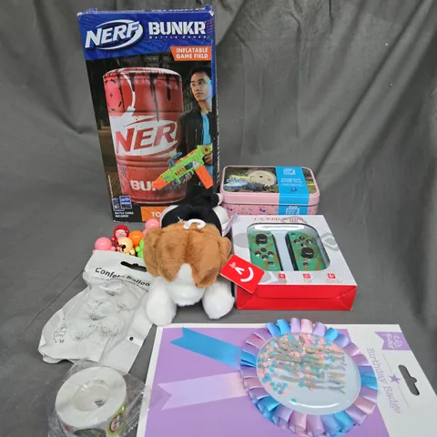 APPROXIMATELY 10 ASSORTED TOYS AND GAMES TO INCLUDE NERF, TEDDIES AND BIRTHDAY BADGES