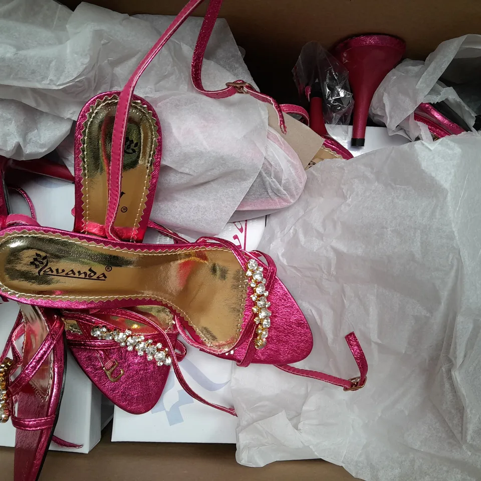 BOX OF APPROXIMATELY 10 PAIRS OF AVANDA OPEN TOE HEELED SANDALS IN METALLIC PINK W. JEWEL EFFECT - VARIOUS SIZES