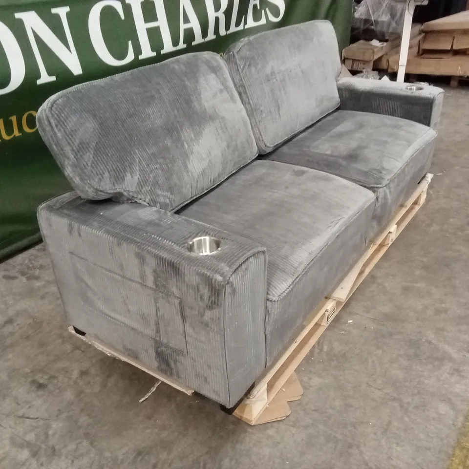 MODERN 220cm 3-SEATER CORDUROY SOFA WITH ULTRA-WIDE SQUARE ARMRESTS, CUP HOLDERS AND STORAGE POCKETS - GREY