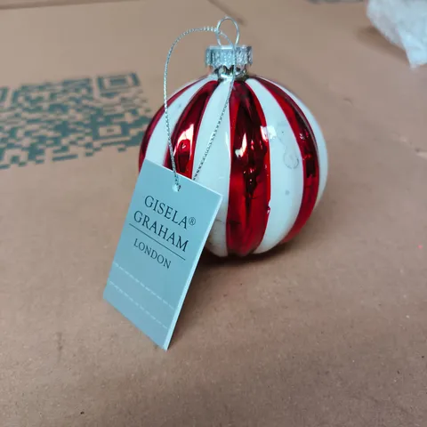 APPROXIMATELY 24 GISELA GRAHAM RED AND WHITE STRIPED GLASS BAUBLES