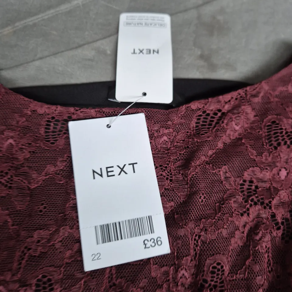 NEXT BURGUNDY LACE TOP, UK SIZE 22