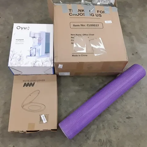 PALLET OF ASSORTED PRODUCTS INCLUDING OFFICE CHAIR, FOAM ROLLER, HOT WATER DISPENSER, TOILET SEAT, MATTRESS TOPPER