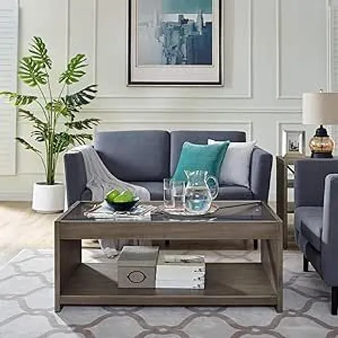 BOXED DECORO FARM HOUSE COFFEE TABLE WITH GLASS TOP, WEATHERED GREY
