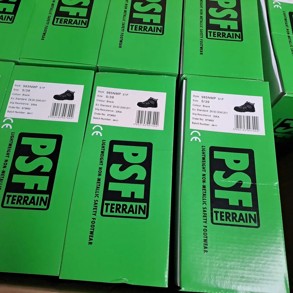 BOX OF APPROXIMATELY 10 BOXED PAIRS OF PSF terrain non-metallic SAFETY BOOTS IN BLACK SIZE 5