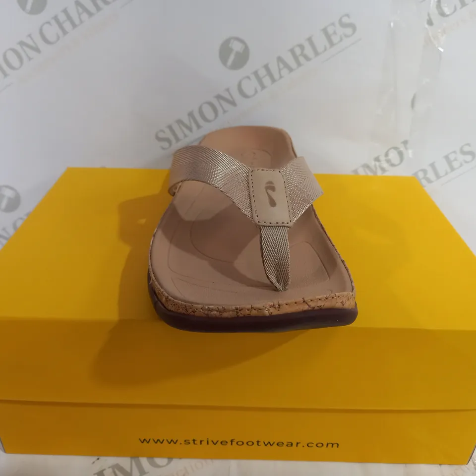 BOXED PAIR OF STRIVE TAN PLATFORM SANDAL - SIZE 6