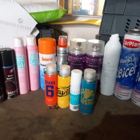 APPROXIMATELY 18 ASSORTED AEROSOLS SPRAYS TO INCLUDE; CAR PLAN, LOREAL, AMBERSIL, HAIRBURST, AFRE AND OSAKA