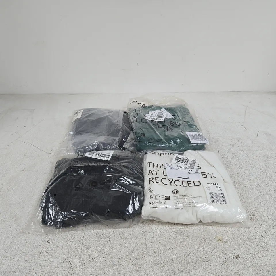 BOX OF APPROXIMATELY 22 CLOTHING ITEMS OF VARIOUS STYLES AND SIZES TO INCLUDE GREEN DRESS, WHITE SKIRT, BLACK TOP ETC