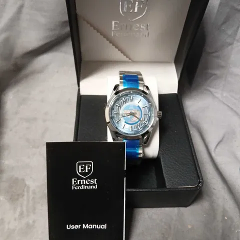 ERNEST FERDINAND WORLD TIME WRISTWATCH – STAINLESS STEEL, BLUE ACCENTS, BOXED