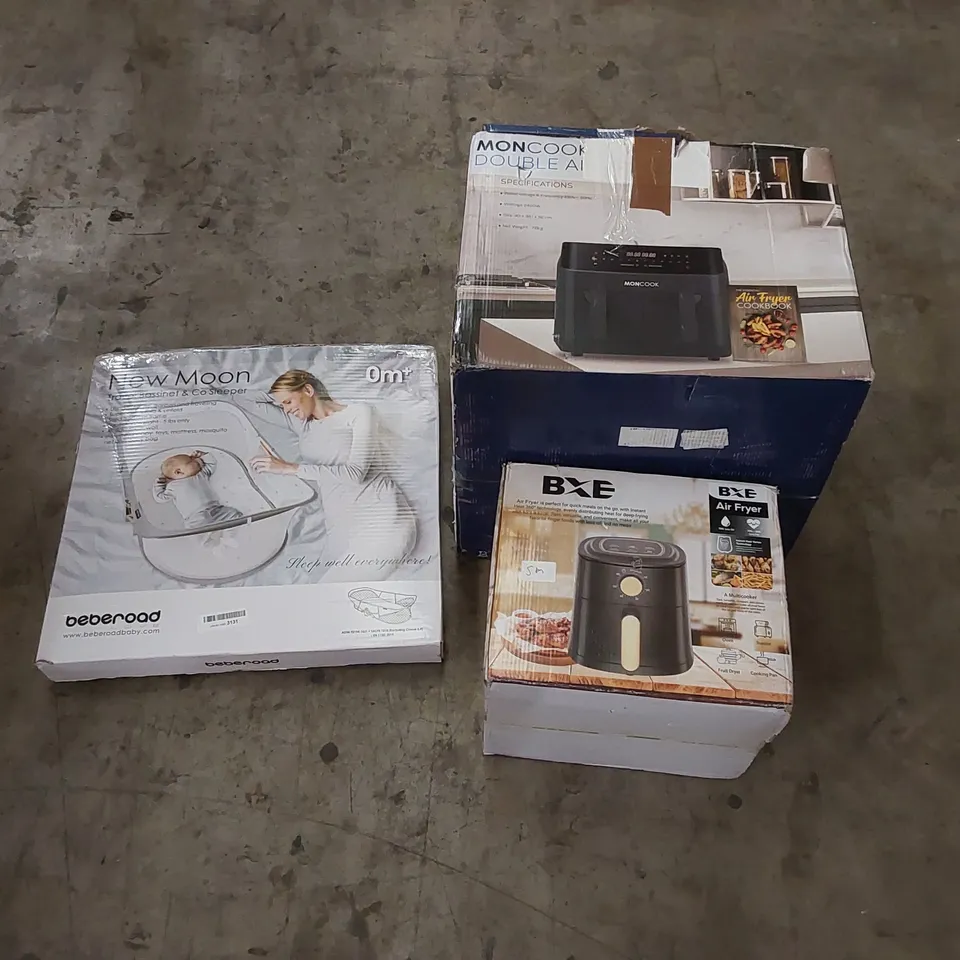 PALLET OF ASSORTED HOUSEHOLD ITEMS AND CONSUMER PRODUCTS TO INCLUDE; AIR FRYERS, TRAVEL BASSINET, CEILING LIGHTS,  BOXED FURNITURE ETC 