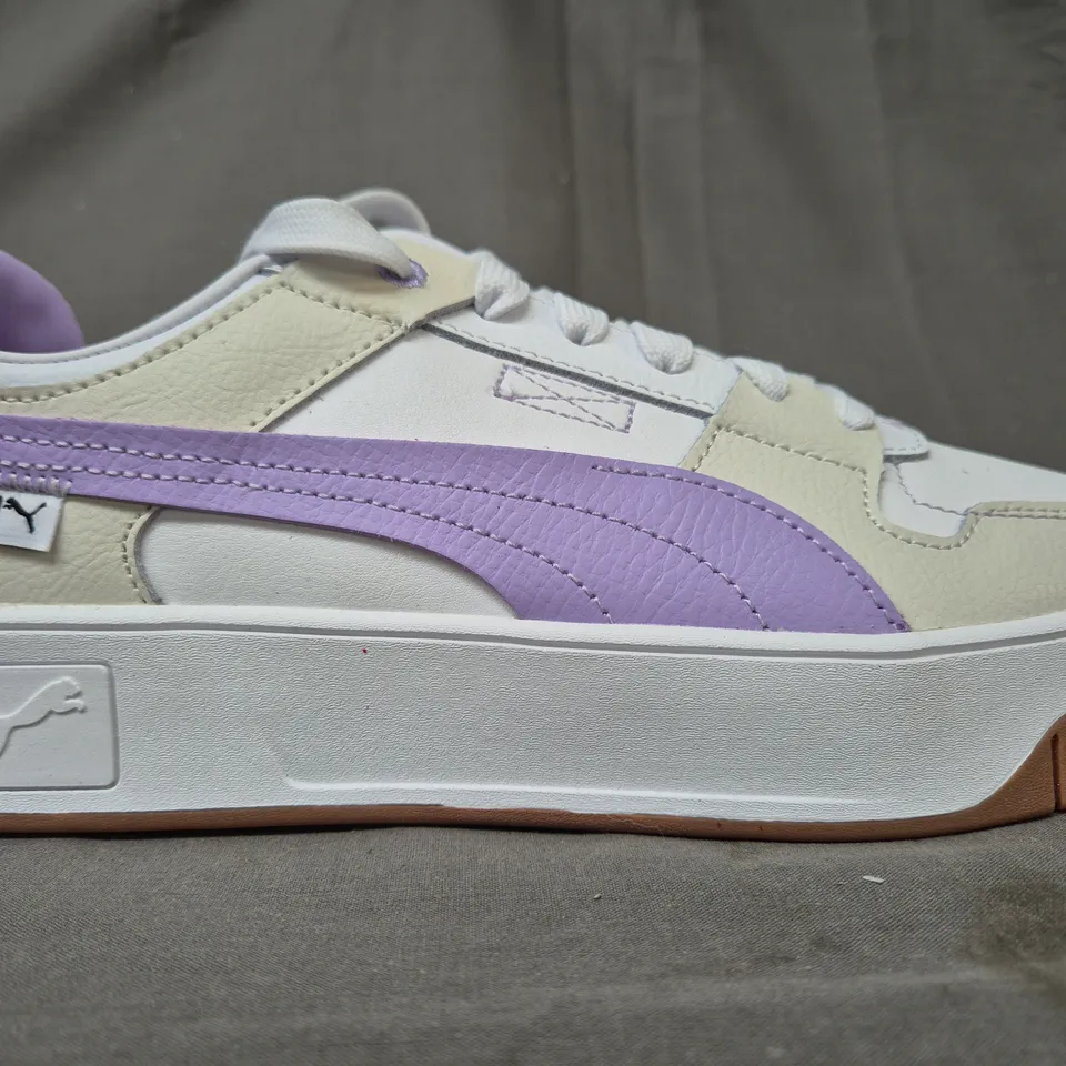 BOXED PAIR OF PUMA CARINA STREET SHOES IN WHITE/CREAM/PURPLE UK SIZE 7