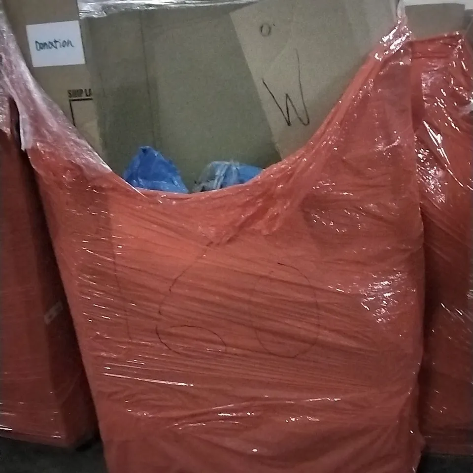 PALLET OF ASSORTED ITEMS INCLUDING OFFICE CHAIR, 52" CEILING FAN LIGHT, TOILET SEAT, CORNER LADDER SHELVES, CANOPY
