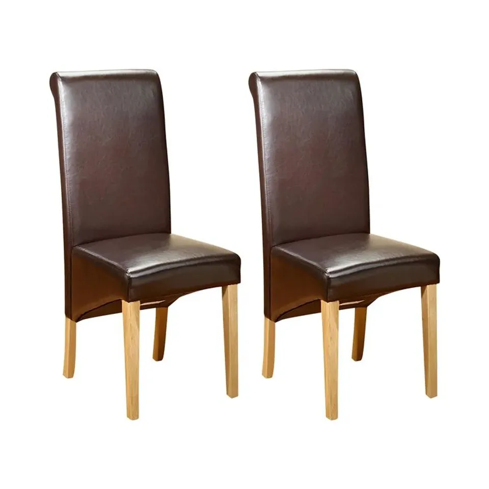 BOXED PAIR BROWN LEATHER DINING CHAIRS